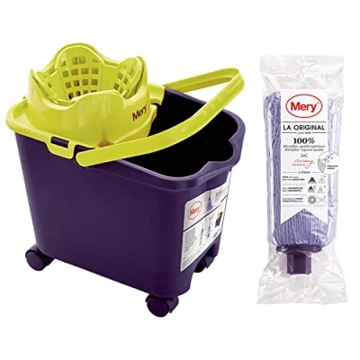 Imagen de Mery Set Cubo y Fregona Microfibra Super Absorbente Escurridor Automático Ruedas 360º Cabezal Extragrande No deja Ratro Morado 14L Medidas :38,2 x 25,5 39,5 cm