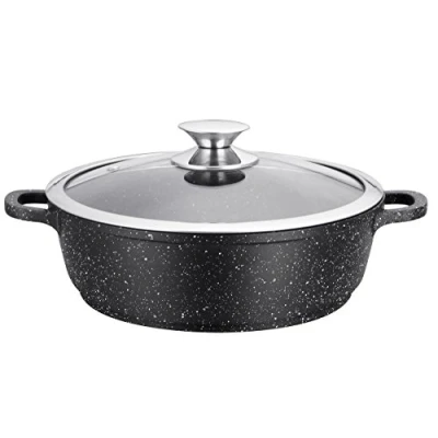 Imagen de Kamberg Olla Baja 40 cm, aluminio fundido, revestimiento piedra, tapa de cristal, todo tipo fuentes calor, incluida la inducción, sin PFOA, negro