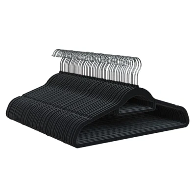 Imagen de PORTENTUM Perchas de Terciopelo, Set 50, Negro. Soporte Accesorios, Gancho Giratorio 360º, Ahorra Espacio, Muescas para Vestidos, Antideslizantes, Todo Tipo Ropa, Made in Spain