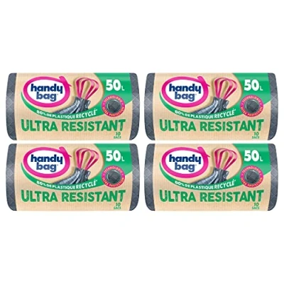 Imagen de Handy Bag Lote de 4 rollos 10 bolsas basura 50 L, muy resistente, 80% plástico reciclado, cierre con asas deslizantes, tecnología ultra protectora, triple grosor, antifugas