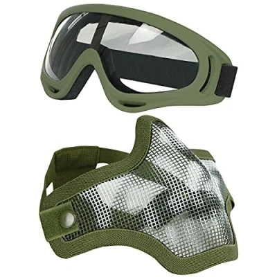 Imagen de Aoutacc Juego de máscaras y Gafas Airsoft, máscara Malla Acero Completa Media Cara para CS/Caza/Paintball/Disparos (OD Skull)