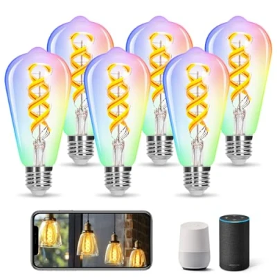 Imagen de Aigostar Bombilla Inteligente E27 Edison Alexa 6W ST64 (ST64 4.9W RGBW, 6 Uds)