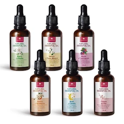 Imagen de CRISTALINAS Juego 6 Aceites Esenciales para Humidificador 100% Puro Pack con Aromas Azahar Moras Damas Bebé Cerezo y Jazmín Set 6x25ml 0% Alcohol