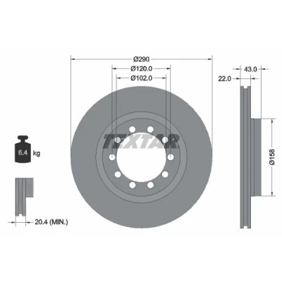 Imagen de TEXTAR 93117400 Disco de freno 290 22 05/10 120 ventilación interna sin cojinete rueda, perno sujeción buje rueda
