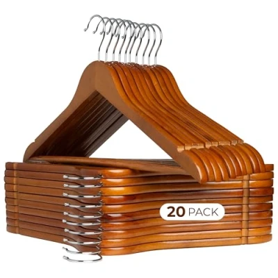 Imagen de COM FORT HOUSE Pack de 20 Perchas Madera Maciza Nogal con Gancho Giratorio 360 y Muescas Antideslizantes Barra para Pantalones Alta Resistencia
