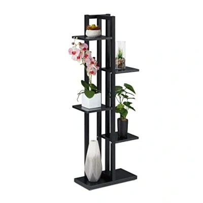 Imagen de Relaxdays Estantería Metálica Plantas, Escalera Macetas 5 Baldas Interior, Efecto Madera, 117x43x22 cm, Negro, Acero, 117 x 43 22 cm