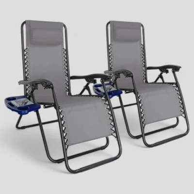 Imagen de Pincho Tumbona Jardín Exterior Plegable de Gravedad Cero Pack 2 Sillas Reclinables o Hamacas para Playa, Terraza y Camping con Portavasos, Ligeras Cómodas (Gris)