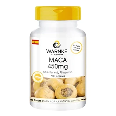 Imagen de Maca 450mg altamente dosificado y vegano extracto de raíz amarilla 4500mg por dosis diaria 60 cápsulas Warnke Vitalstoffe Calidad farmacia alemana