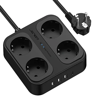 Imagen de JSVER Regleta Enchufe de 4 Tomas Corrientes y Rápida USB Tomas, Multiple 3680W/16A con Interruptor Protección contra Sobrecargas, Cable 1,8M, Negro