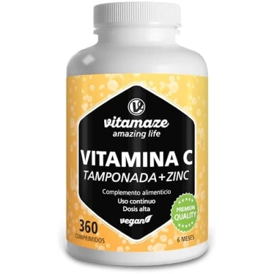 Imagen de Vitamina C Tamponada 1000 mg al día + Zinc, 360 comprimidos con Ascorbato de Calcio, Vegano, Reducen Fatiga y Fortalecen el Sistema Inmunológico, Natural Pura, Calidad Alemana. Vitamaze®