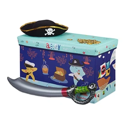 Imagen de Relaxdays Baúl para Juguetes, Taburete Infantil, Plegable, niñas, Piratas, 50L, Azul, 36 X 60,5 30,5 Cm