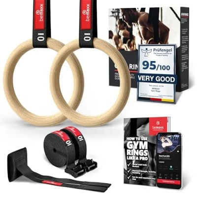Imagen de BeMaxx Anillas de Gimnasia Madera para Entrenamientos gimnásticos Workout Set con Anclaje Puerta, Hebillas, Correa y guía Ejercicios Gimnasio/Deporte en casa Adultos