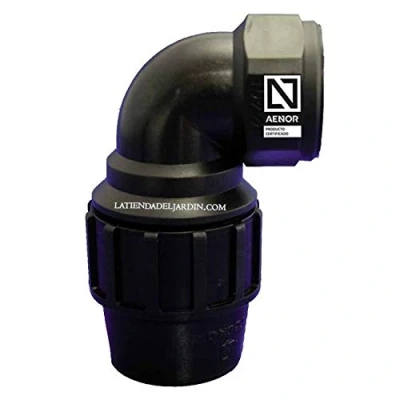 Imagen de Suinga CODO HEMBRA POLIETILENO 40MM x 1 1/4&quot;. Producto con certificado AENOR utilizado en tuberías PE 40 mm para uso fontanería, riego y obras.