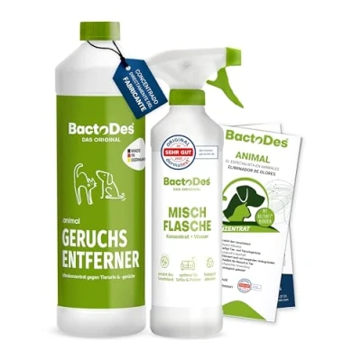 Imagen de BactoDes Eliminador de olor mascota 1L concentrado con botella mezcladora en spray Potente limpiador enzimático efecto biomicrobiano mascotas para orina gato, perro, etc