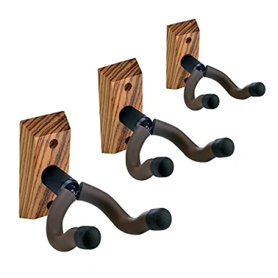 Imagen de Juego de 3 soportes pared para guitarra, madera dura color cebra, colgar en la guitarras acústicas, eléctricas, bajos, banjos, mandolinas, ukeleles