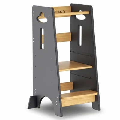 Imagen de COSYLAND Torre de Aprendizaje para Niños FSC Madera Bebés 1 a 6 Años Altura Ajustable en 3 Niveles 90CM, y Gris