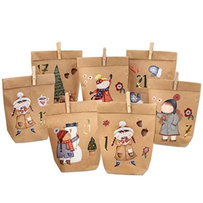 Imagen de Papierdrachen Calendario de adviento DIY para Rellenar Patinador Hielo Pegar con 24 Bolsas Papel marrón y Grandes Pegatinas los niños Navidad