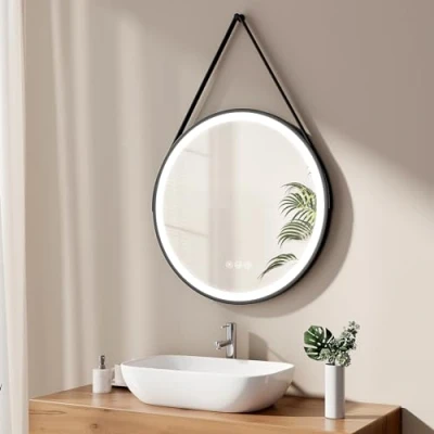 Imagen de EMKE Espejo de baño Redondo 70 cm, Pared con luz, Interruptor táctil y función antivaho, 3 Colores luz Variables, Marco Negro Correa Ajustable