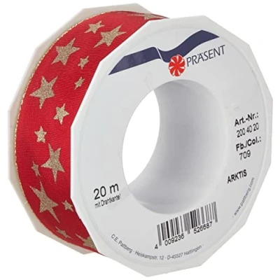 Imagen de C.E. Pattberg Präsent Arktis Rollo de Lazo con Alambre (tafetán Bordes Dorados, diseño Estrellas, 40 mm x 20 m), Color Rojo