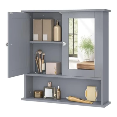 Imagen de EUGAD Armarios con Espejo para baño Cocina Mueble de Pared Estante Joyero Madera 56 x 58 13 cm Gris