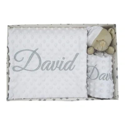 Imagen de Variouss Manta de Bebe Personalizado con su Nombre Bordado, Cochecito o capazo. + DouDou (Blanco)