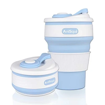 Imagen de AniSqui taza de café plegable silicona con tapas (350ml, a prueba fugas, sin BPA, reutilizable, café, portátil