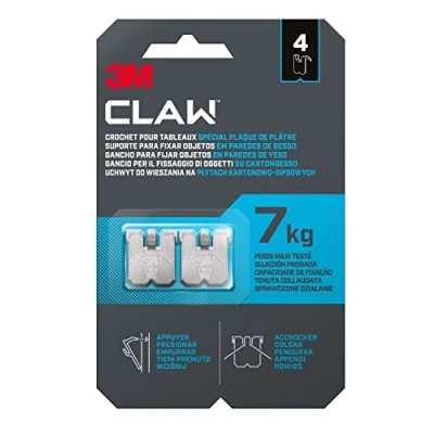 Imagen de 3M CLAW Ganchos para colgar cuadros en paredes de yeso, 4 Soporta hasta 7 kg Adecuado fijar objetos pesados, Espejos, Decoración del hogar Sin herramientas