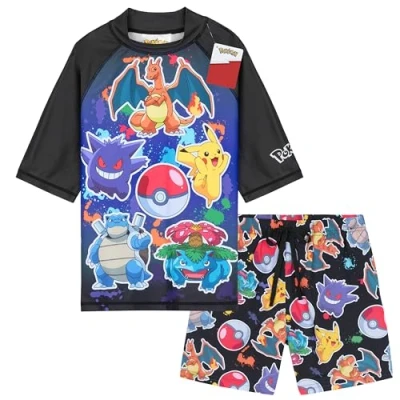 Imagen de Get Trend Pokemon Conjunto de Bañador Niño Natacion Adolescente Pikachu Genga 2 Piezas Camiseta y Pantalones Cortos (7 8 Años, Multi Pokemon)