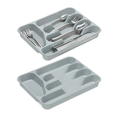 Imagen de Relaxdays Pack de 2 Cuberteros, Organizador Cubiertos Cajón, Bandeja con 5 Compartimentos, Plástico, 4x25x33 cm, Gris