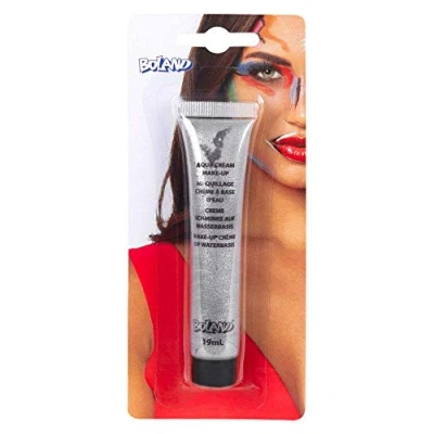 Imagen de Boland Cream Make up Silver19ml(45013 44999 Aqua Crème plateado, contenido 19 ml, en tubo, maquillaje a base de agua, fiesta temática, carnaval, Halloween, color plata