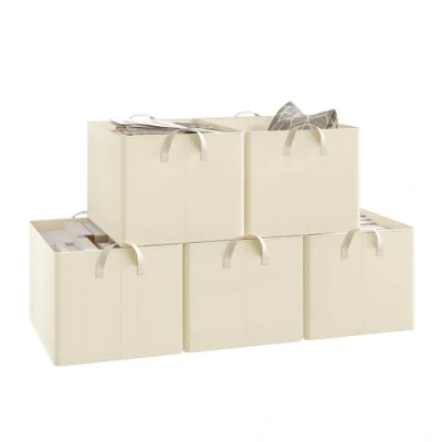 Imagen de WOLTU Juego de 5 Cajas Plegables,Cajas Almacenamiento Plegables, Organizadoras Tela con Asas, Almacenaje para Ropa y Juguetes en Armarios, Crema, 47x35x30 cm