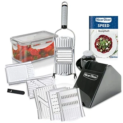 Imagen de Genius Nicer Dicer Speed Deluxe Juego de 13 piezas cepilladora mano con cuchilla en V acero inoxidable, cortador verduras juliana, color plateado