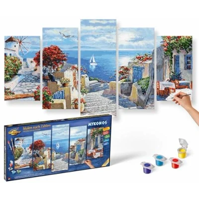 Imagen de Schipper Mykonos 609450797 Pintura por números para adultos, incluye pinceles y pinturas acrílicas, 5 imágenes, clase magistral políptica, edición profesional, 132 x 72 cm