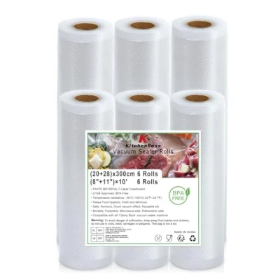 Imagen de KitchenBoss Bolsas Vacio Alimentos：6 Rollos 20/28 x 300cm Envasar al Alimentos para Envasadora, Conservación de Alimentos, Envasadora Sin BPA