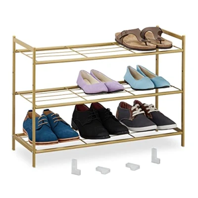 Imagen de Relaxdays Zapatero Extensible Metal, Mueble Organizador Zapato, 3 Baldas, 9 Pares, Pasillo, Entrada, 50x70x26 cm, Dorado