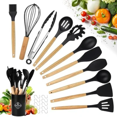 Imagen de Utensilios De Cocina Silicona Set 22 Piezas Paletas Cocina, Espatulas Cosas Juego (Negro, Incluye 10 Ganchos)