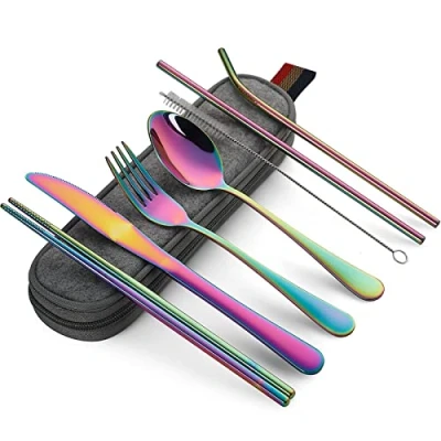 Imagen de Devico juego de cubiertos portátiles para camping, 8 piezas, incluye tenedor, cuchara, palillos, cepillo limpieza, estuche portátil, acero inoxidable