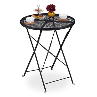 Imagen de Relaxdays Mesa Terraza Plegable, 71,5x60,5cm, Jardín Resistente Intemperie Agujero Sombrilla, Redonda, Acero, Negro