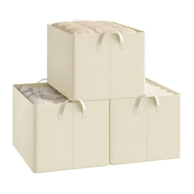 Imagen de WOLTU Juego de 3 Cajas Plegables,Cajas Almacenamiento Plegables, Organizadoras Tela con Asas, Almacenaje para Ropa y Juguetes en Armarios, Crema, 47x35x30 cm