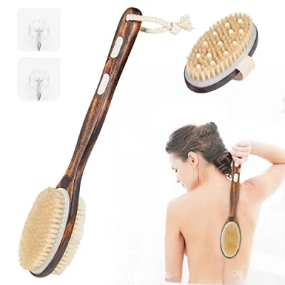Imagen de Cepillo de Ducha, Natural Cerdas Cuerpo con Mango Largo, Baño Mano para Masaje Exfoliar Promueve la Circulación Sanguínea