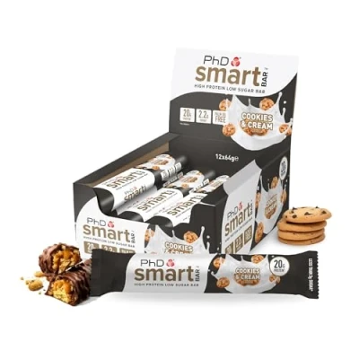 Imagen de PhD Nutrition Smart Bar Barra de proteína Galletas &amp; Crema 12 x 64g Snack alto en proteínas con 20g y bajo azúcar, amigable los macros