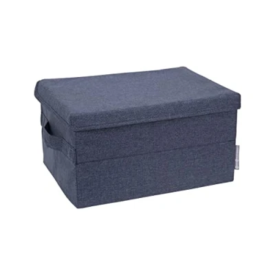 Imagen de Bigso Box of Sweden Caja de almacenamiento con tapa para ropa, accesorios, juguetes, etc. plegable asa tela mediana poliéster y cartón, aspecto lino azul