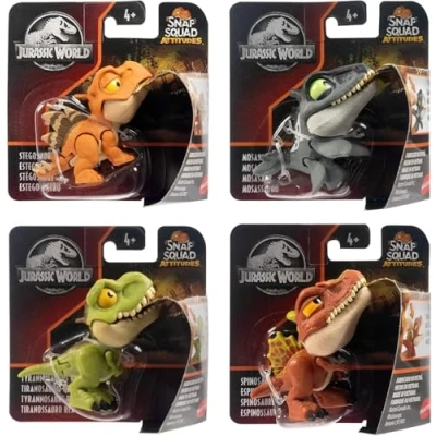 Imagen de Jurassic World Snap Squad Attitudes Juego de 4 figuras Spinosaurus, Mosasaurus, Tyrannosaurus Rex, Stegosaurus