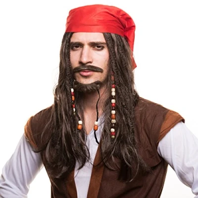 Imagen de Peluca de pirata (peluca pirata) con perlas y pañuelo rojo para el disfraz perfecto disfraces carnaval
