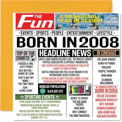 Imagen de Stuff4 tarjetas de cumpleaños número 16 para niños y niñas Born In 2008 Newspaper Tarjeta feliz hijo, hija, primo, vintage, retro, Back 2008, 145 mm x mm,