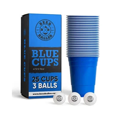 Imagen de vasos azules 25 y 3 pelotas aptos para lavavajillas reutilizables 473ml 16oz Original American Red Cups