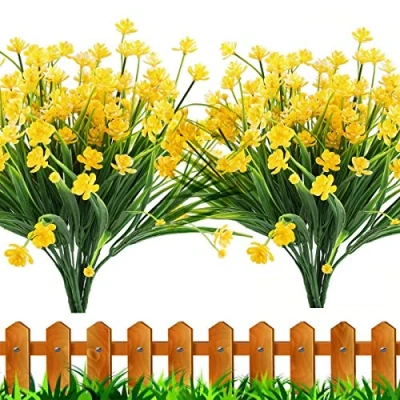 Imagen de Leixi Flores artificiales, 6 piezas falsas plantas resistentes a los rayos UV de plástico sintético, arbustos para interiores y exteriores, colgar en casa, boda, decoración jardín (amarillo)