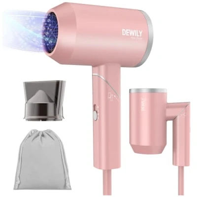 Imagen de DEWILY Secador Pelo Viaje Profesional Potente, de Ionico 1800W, 3 Temperaturas, Secadores Plegable Pequeñ con Concentrador y Bolsa, Hair Dryer (Rosa 1 Boquilla)