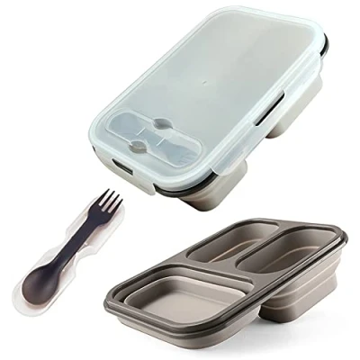 Imagen de alouweekuky Bento Box plegable Fiambrera portátil con tres compartimentos Cuchara de Tenedor Microondas Congelador (Gris)