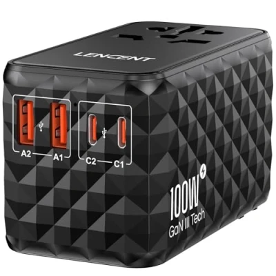 Imagen de LENCENT Adaptador Enchufe Universal GAN III 100W, Cargador Internacional con 2 USB A &amp; C, de Viaje Carga Rápida para Móviles, Tabletas, Portátil, Tipo A/C/G/I, Negro